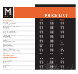 Millenium Hair Price List